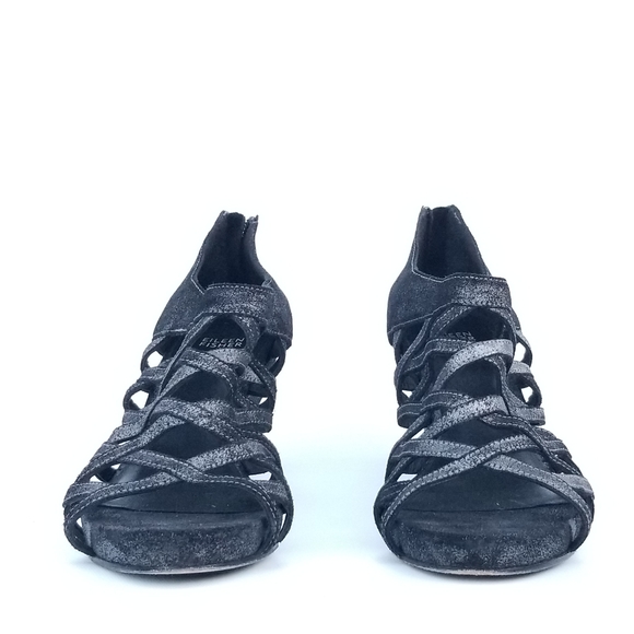 Eileen Fisher Cage Strappy Leather Wedge Sandal Metallic Grey Black Sz 9 - Picture 4 of 13